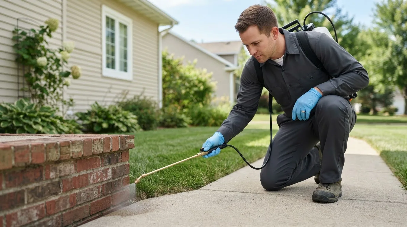 Pest control technician treating a home near Nash, OK