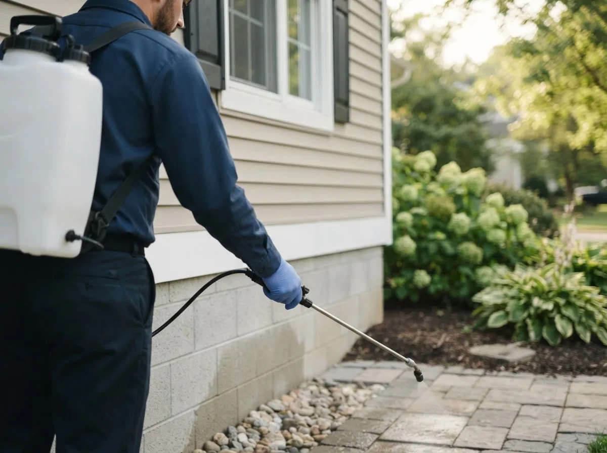 Pest control technician inspecting a home in Nash, OK